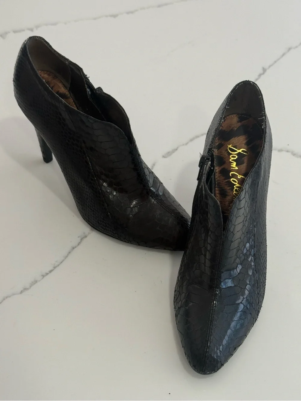 Sam Edelman Black Snake-Embossed Pointed Stiletto Ankle Booties